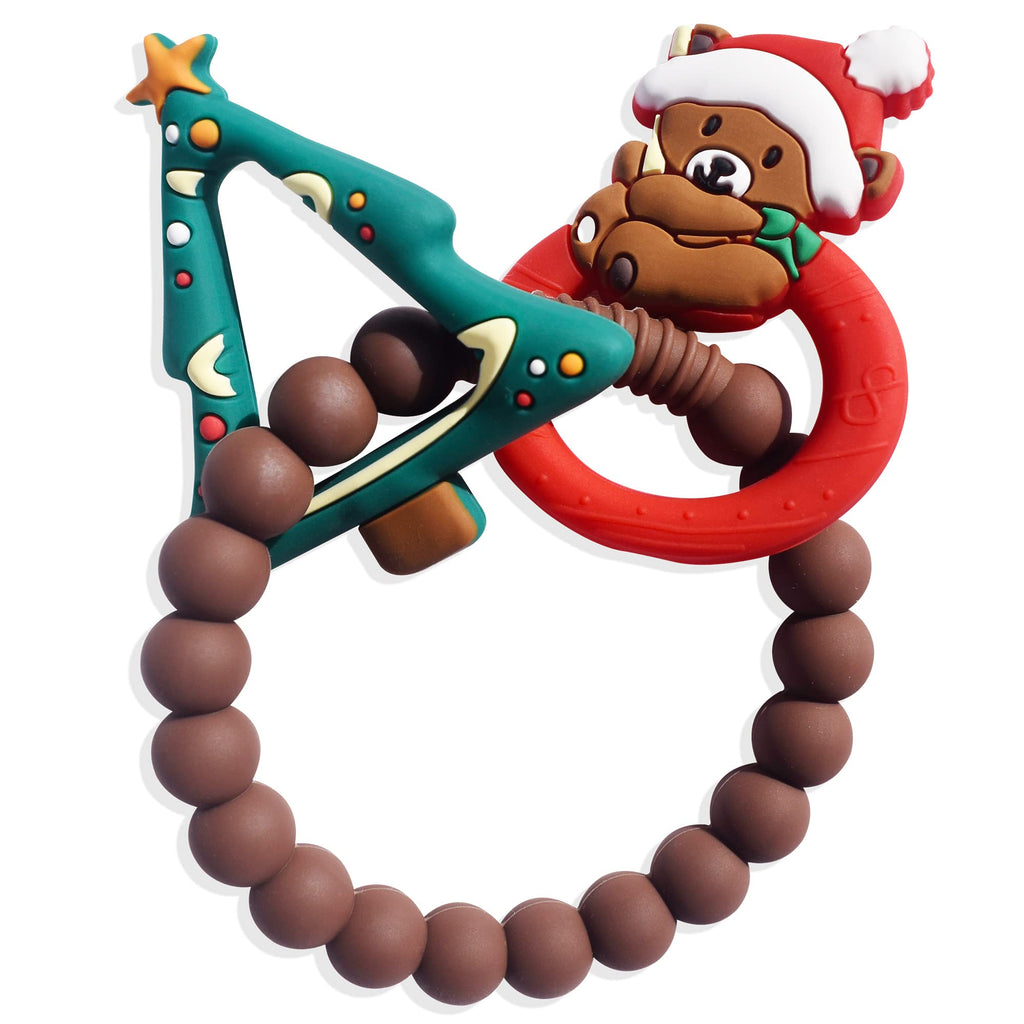 BIGSPINACH Babys First Christmas Teether Christmas Tree and Christmas Bear Rattle Teething Ring Silicone Teething Toys for Kids Christmas Gifts or Christmas Stocking Filler