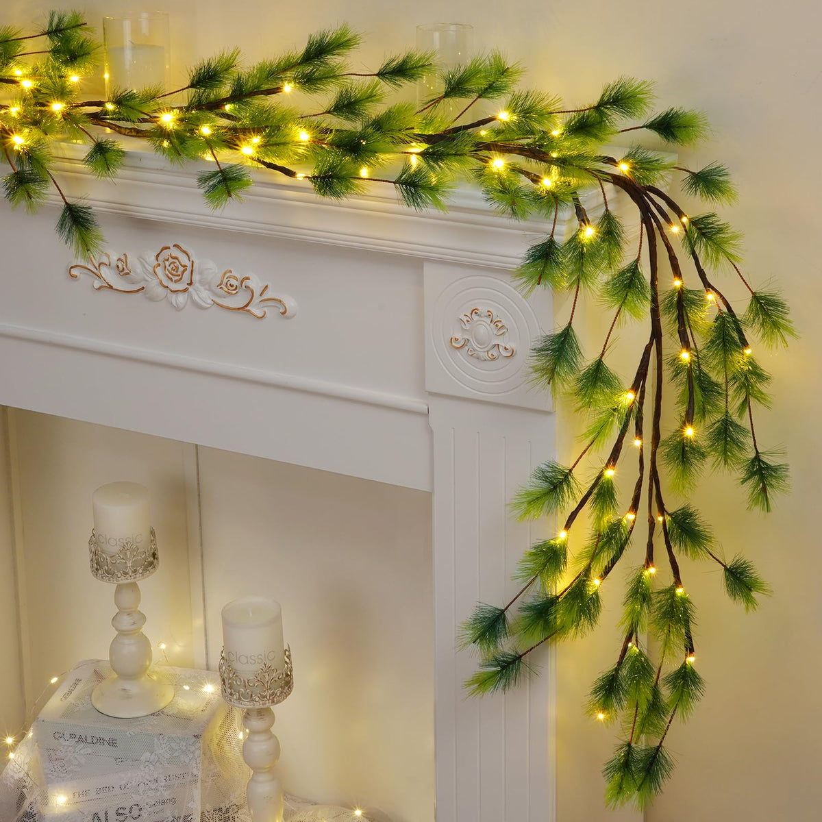 Waipfaru Christmas Decoration Indoor - 7.2FT Cedar Garland with Timer Artificial Christmas Greenery Norfolk Pine Garland for Mantle Fireplace Mantel Outdoor Xmas Decor (Pine)