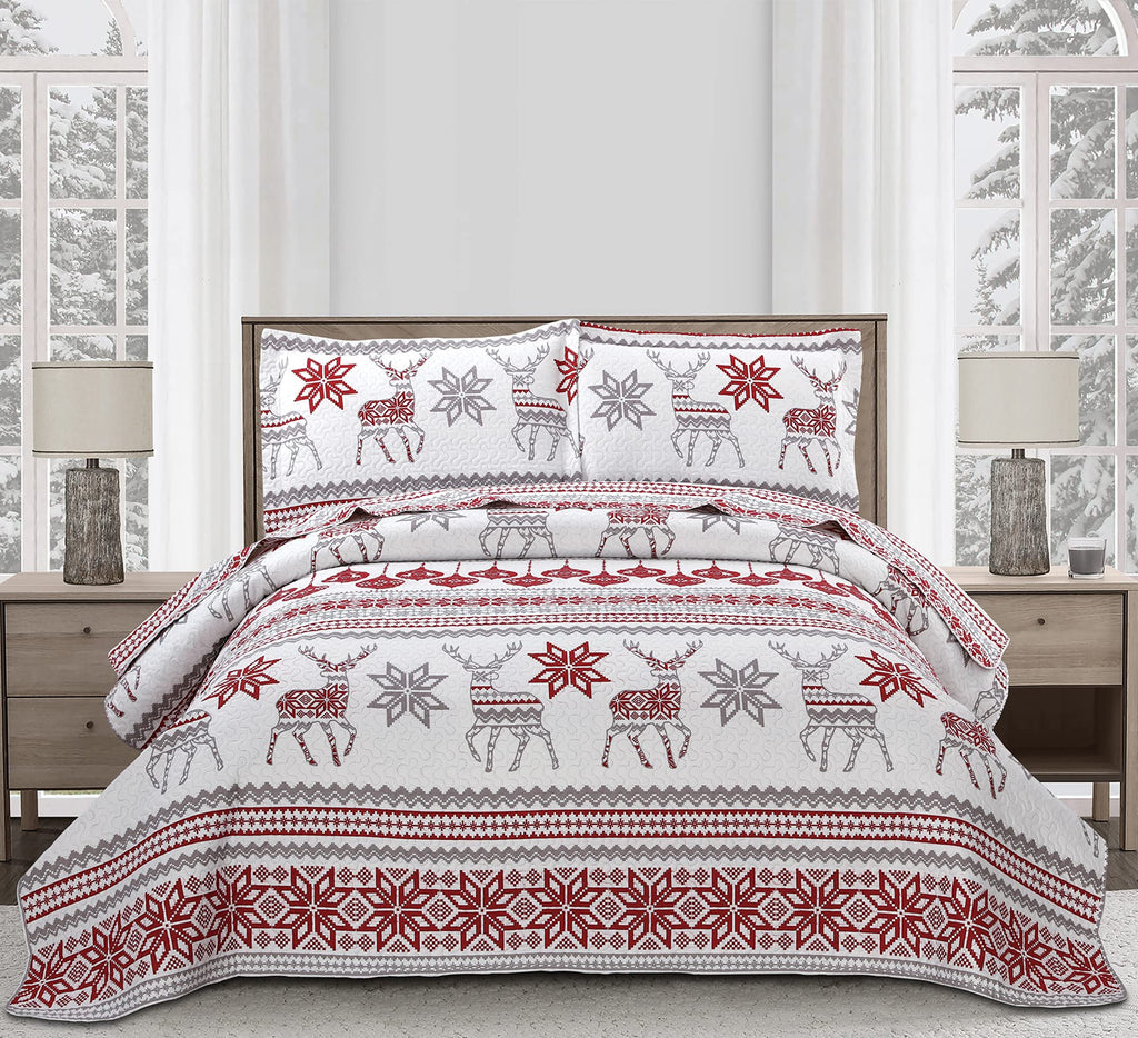 Christmas Quilt Set Queen Size Christmas Bedding Xmas Quilt Bedspread Coverlet Holiday Christmas Quilt Bedding Deer Snowflake Christmas Decor Quilt Soft Lightweight Christmas Quilt BeddingRed White