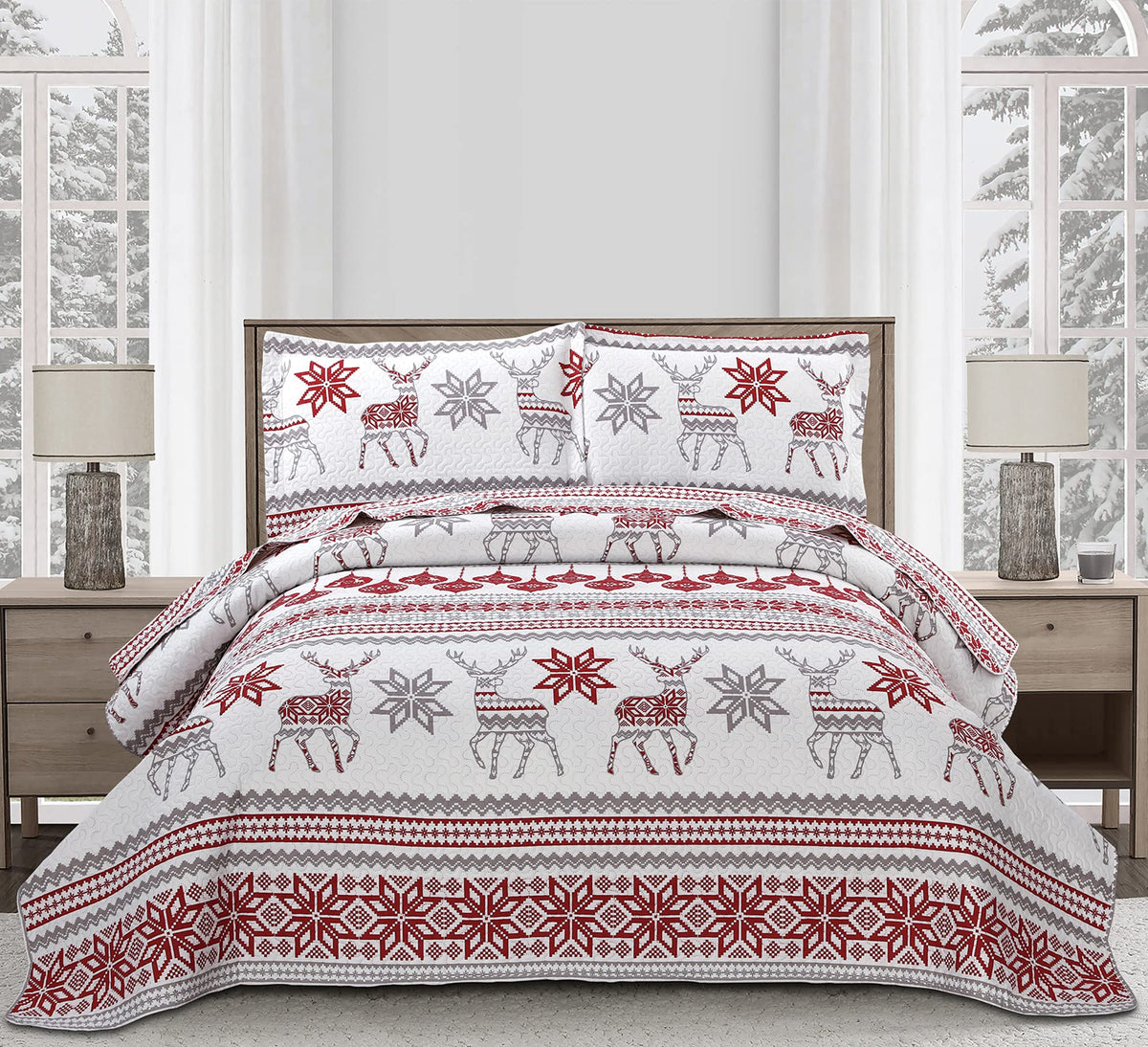 Christmas Quilt Set Queen Size Christmas Bedding Xmas Quilt Bedspread Coverlet Holiday Christmas Quilt Bedding Deer Snowflake Christmas Decor Quilt Soft Lightweight Christmas Quilt BeddingRed White