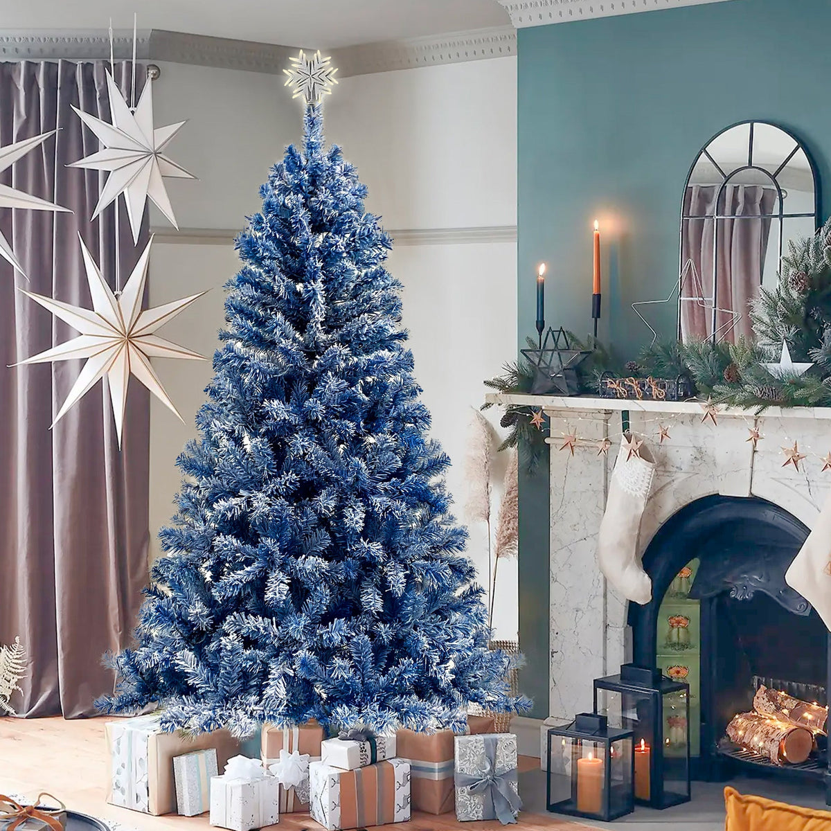 6 Foot Hinged Artificial Fir Christmas Tree With Pre-installed Lights And Snow Covered Artificial Holiday Christmas Tree