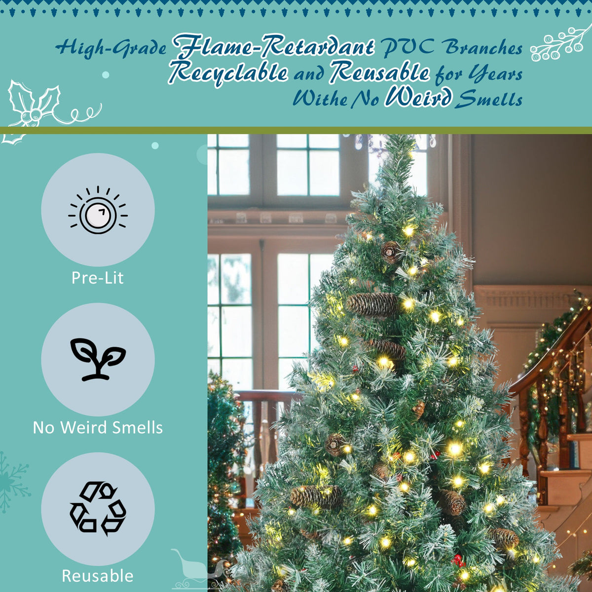 6 Feet Dark Green Pine Christmas Tree, Pre-Installed Lighting Set With Tree, Garland & Garland, Hinged Artificial Christmas Tree,