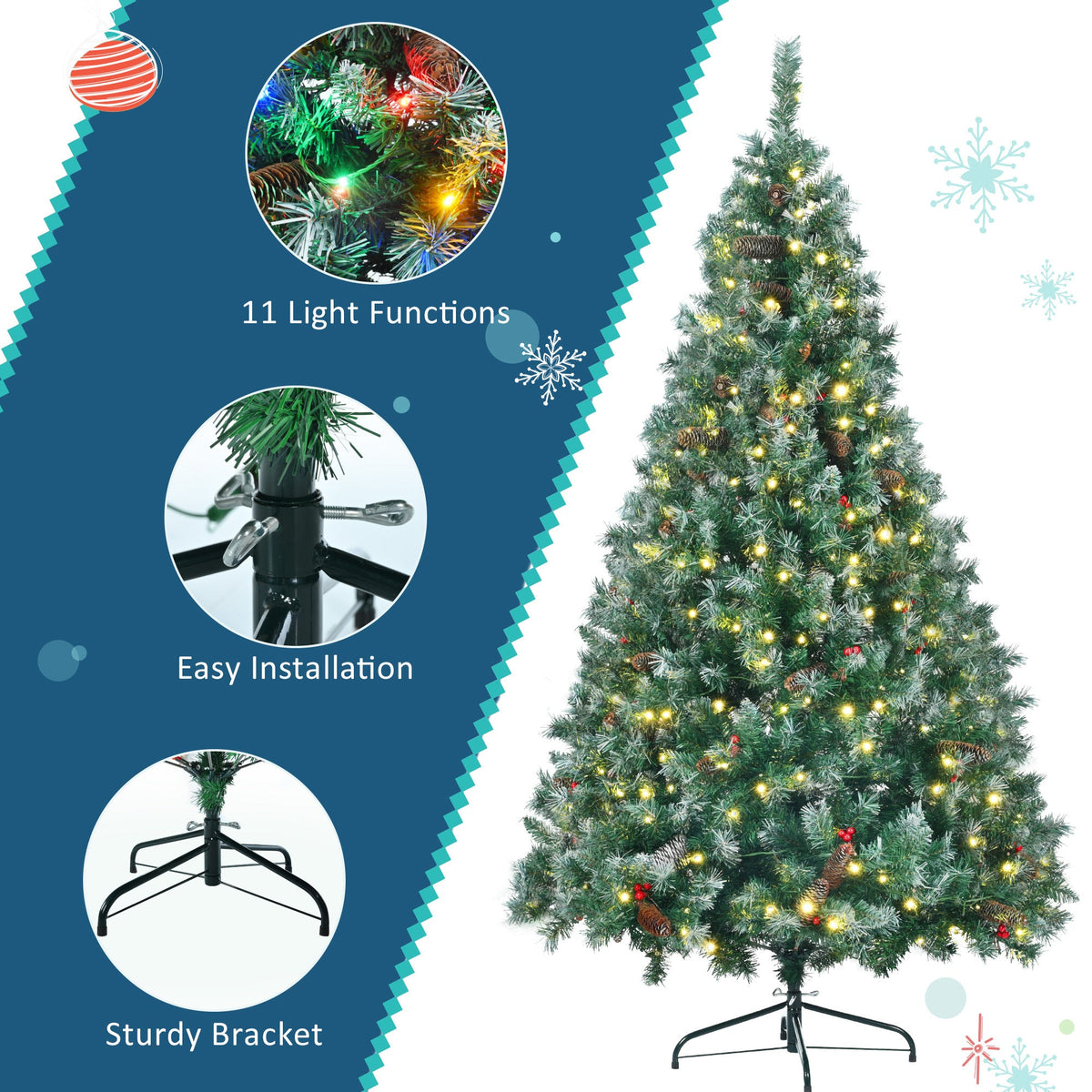 6 Feet Dark Green Pine Christmas Tree, Pre-Installed Lighting Set With Tree, Garland & Garland, Hinged Artificial Christmas Tree,