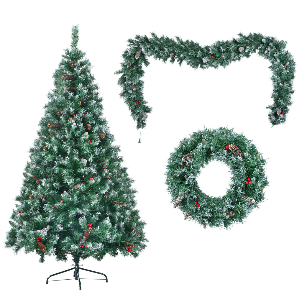 6 Feet Dark Green Pine Christmas Tree, Pre-Installed Lighting Set With Tree, Garland & Garland, Hinged Artificial Christmas Tree,