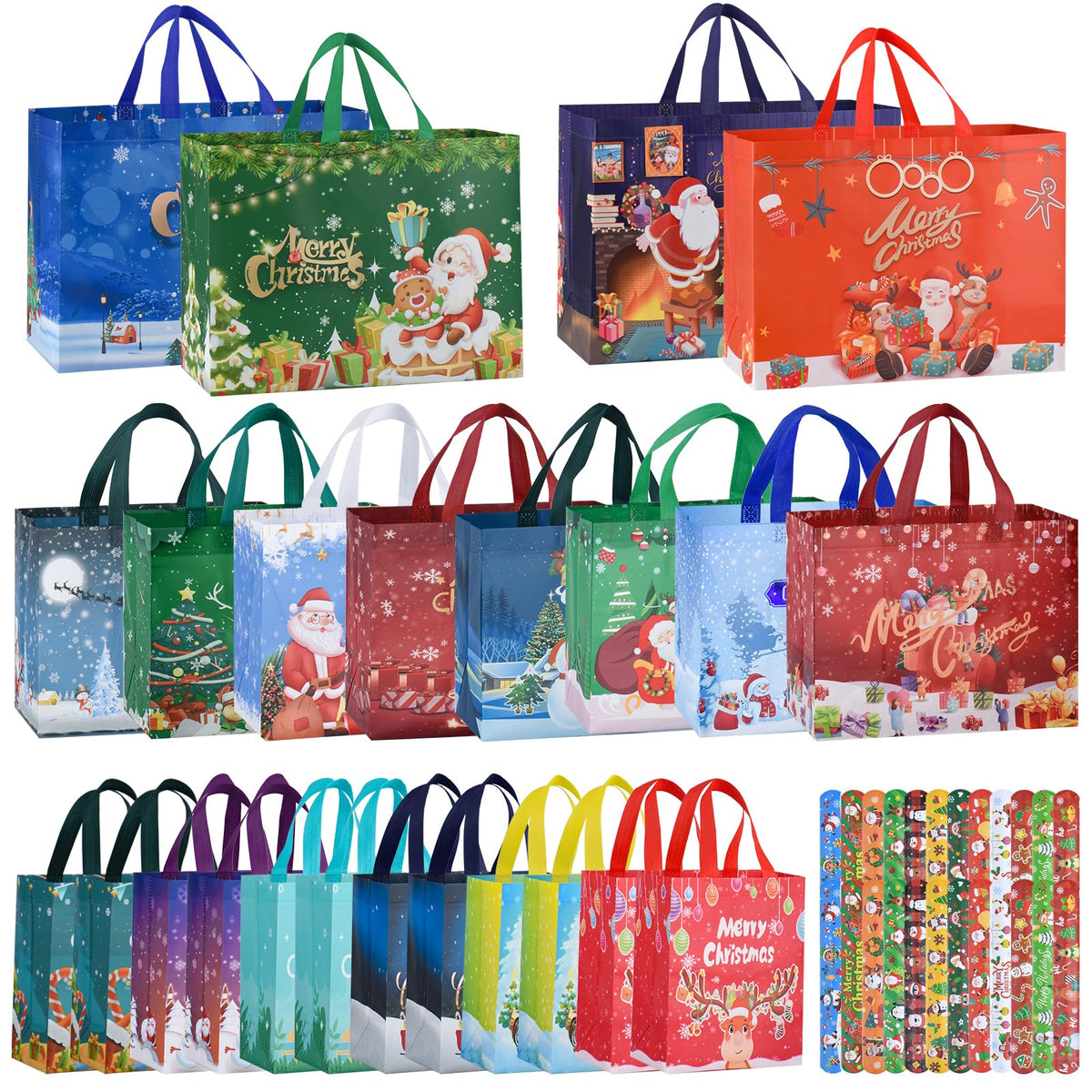 Christmas Gift Bags24 Pcs Christmas Bags Assorted Sizes Non-woven Waterproof Christmas Goodie BagReusable Christmas Bags Bulk Christmas Party Supplies Extra with 24 Pcs Christmas Slap Bracelets
