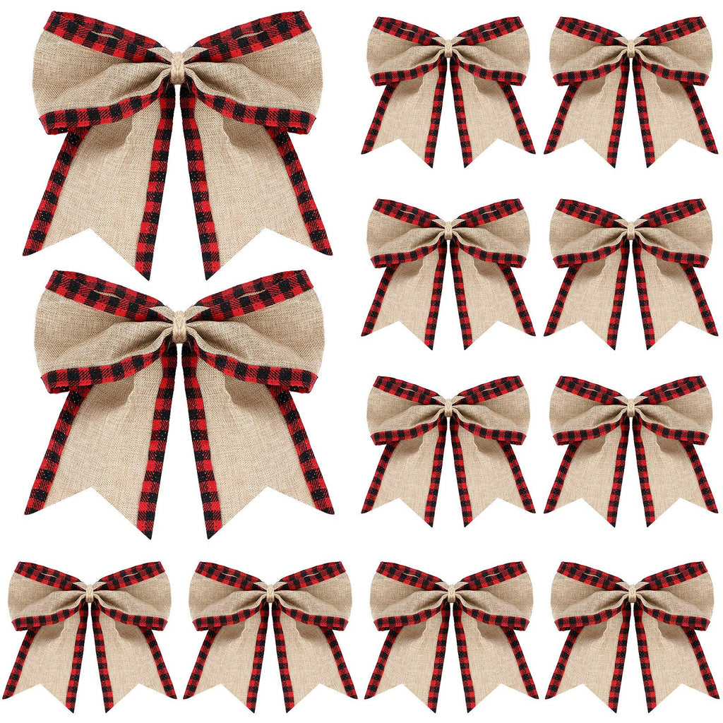 Syhood 12 Pieces Christmas Burlap Plaid Bow Christmas Buffalo Plaid Bow Christmas Decoration Bow for Christmas Tree Crafts Home Decoration (Black and Red)