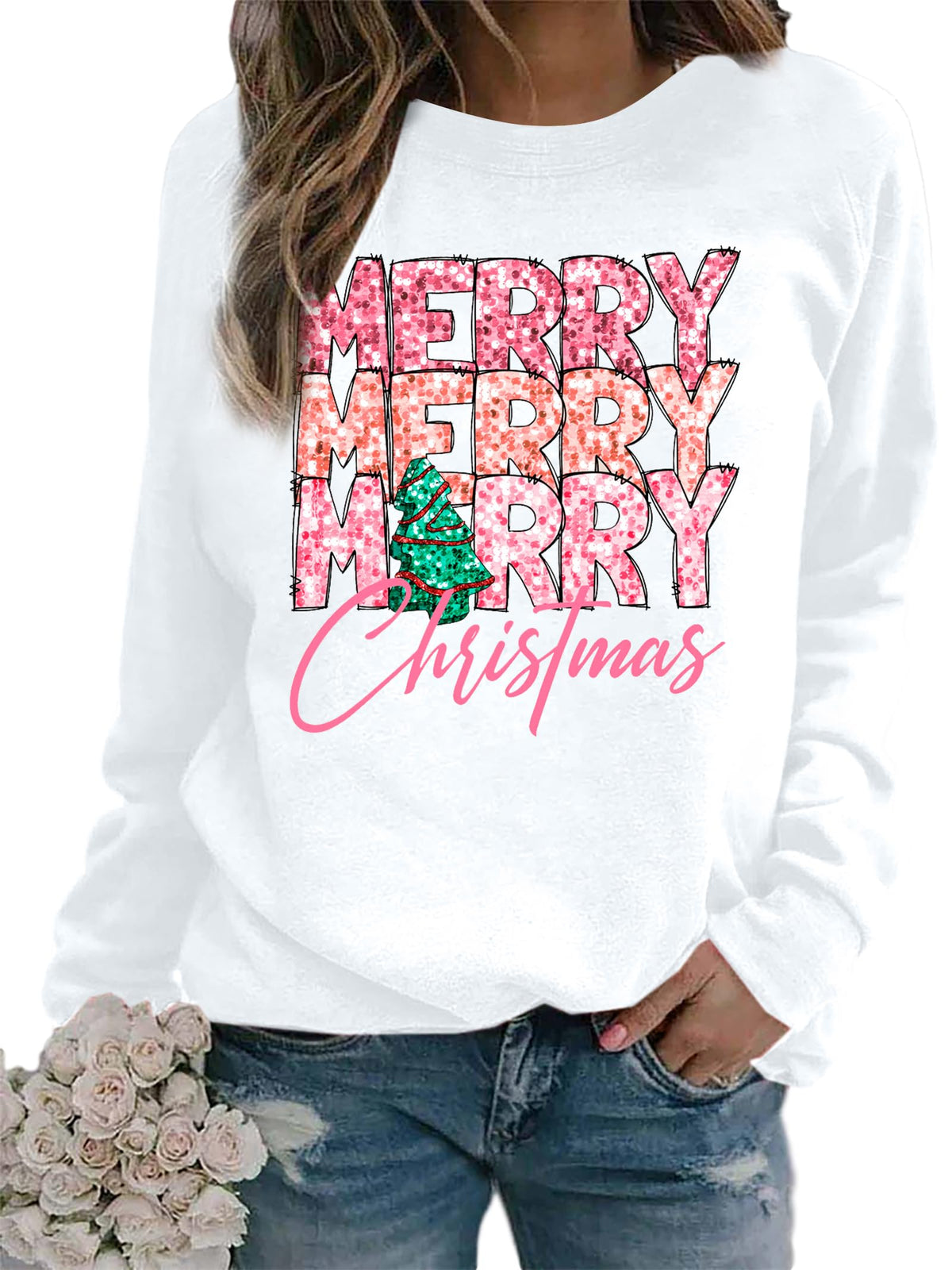EGELEXY Christmas Sweatshirt Merry Christmas Shirts : Women Christmas No Sequin Outfits Christmas Long Sleeve Pullover Tops White