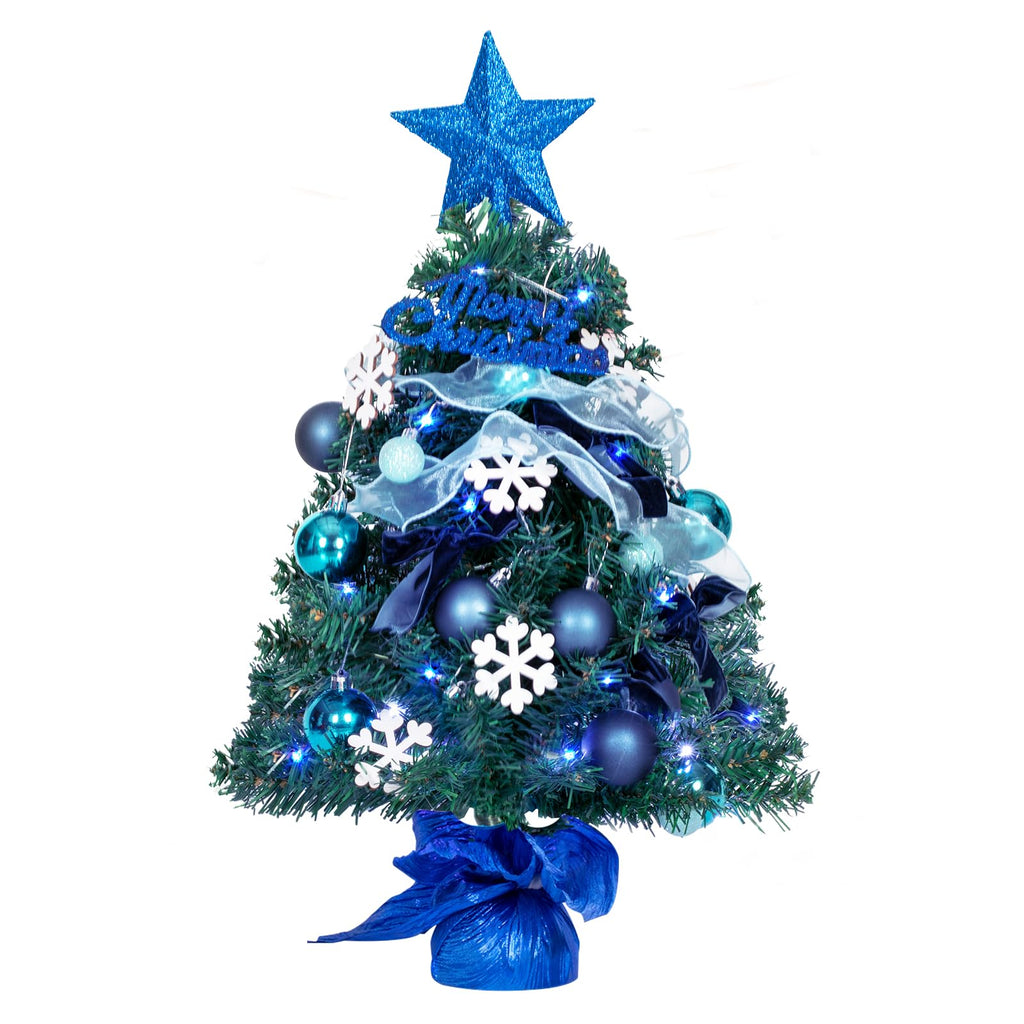 BRINJOY 24” Mini Christmas Tree Tabletop Flocked Small Christmas Tree with Lights Timer Tree Topper Star Snow Frosted Artificial Xmas Tree w/Hanging Ornaments for Holiday DIY Home Decor (Blue)