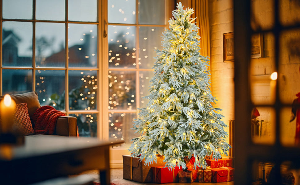 6 Feet Pre-installed Spruce Snow Cover Christmas Tree With 300 Multi-color LED Lights